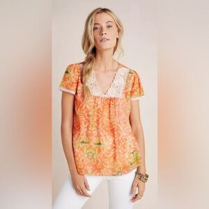 Anthropologie Kavita Bhartia Orange Batik Beaded Embroidered Boho Blouse Sz Med